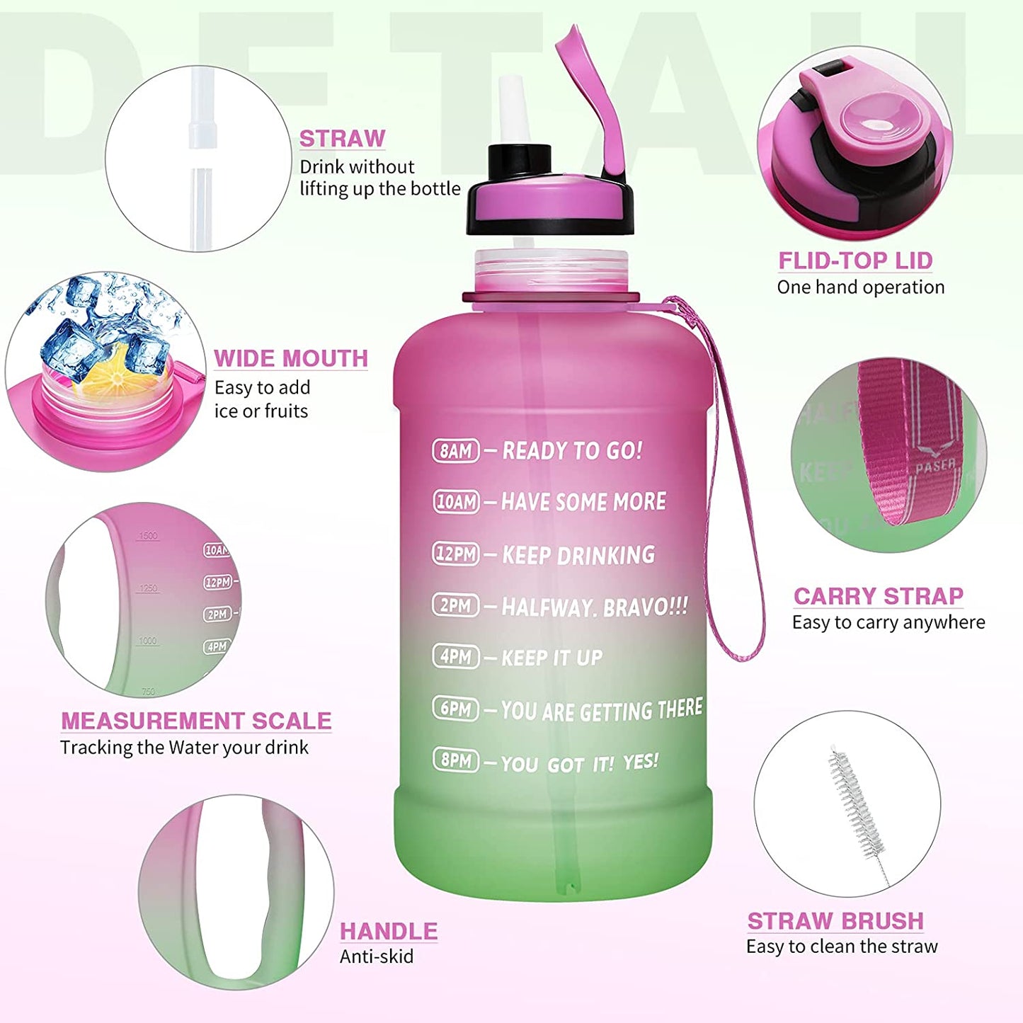 64oz Water Bottle with Straw & Time Marker, Wide Mouth Leakproof BPA Free