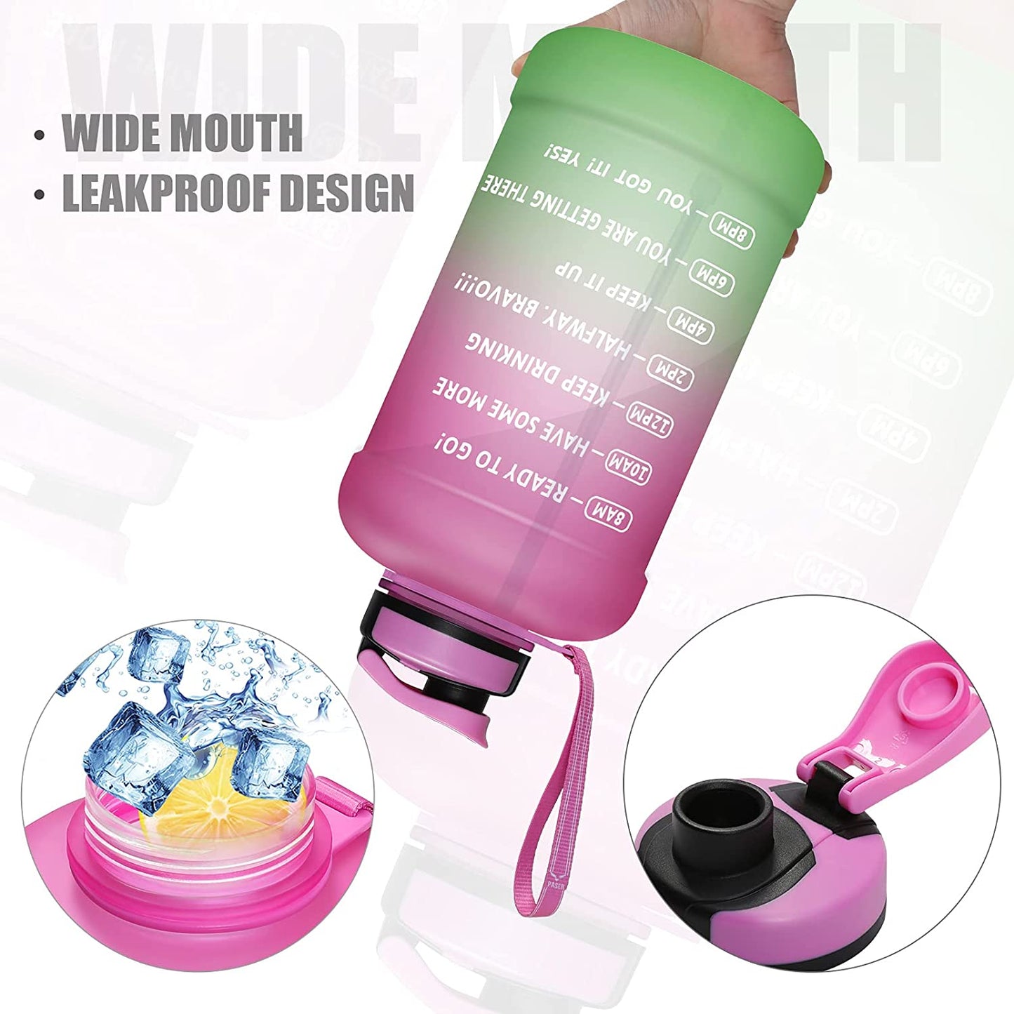 64oz Water Bottle with Straw & Time Marker, Wide Mouth Leakproof BPA Free