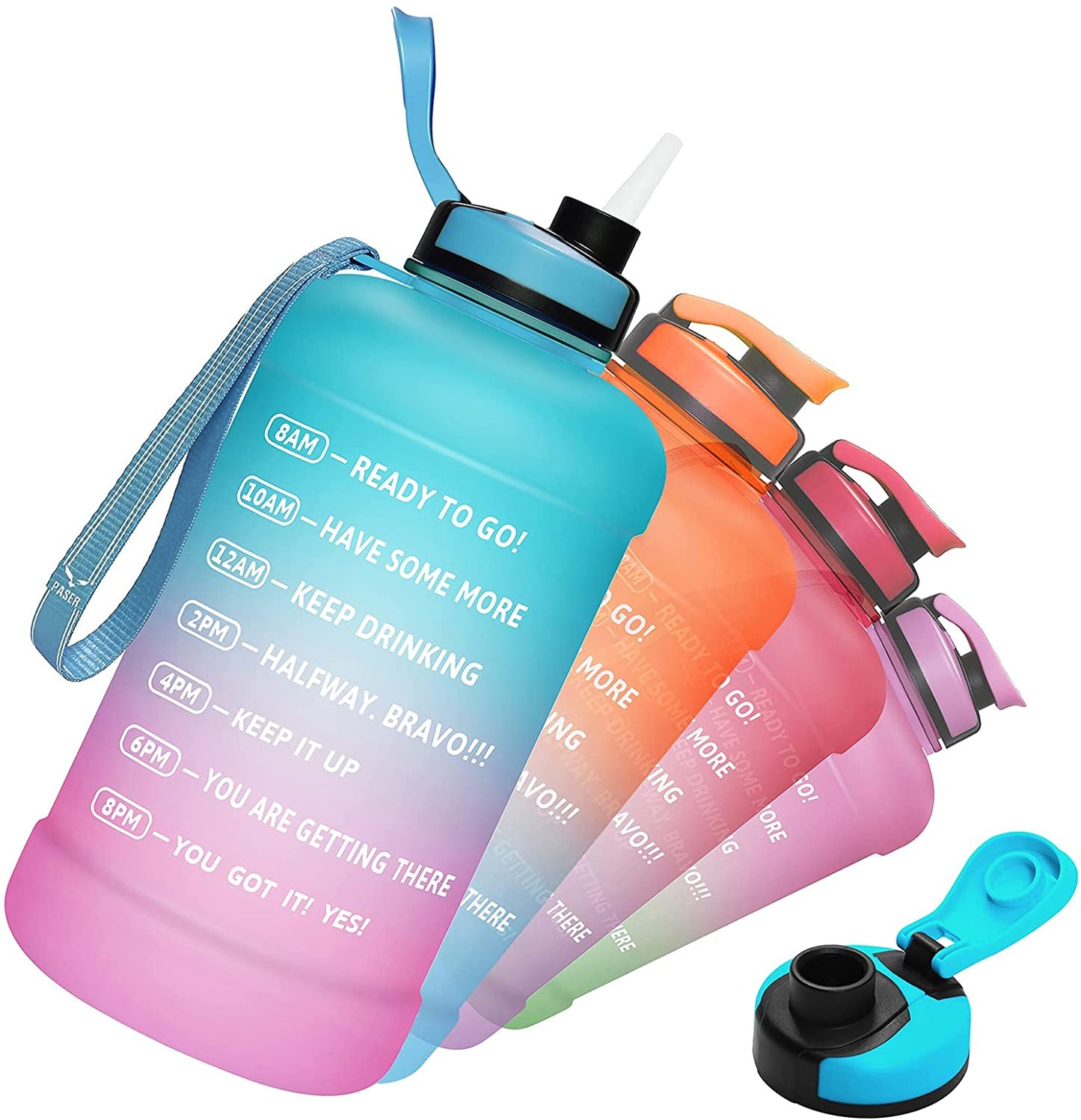 64oz Water Bottle with Straw & Time Marker, Wide Mouth Leakproof BPA Free