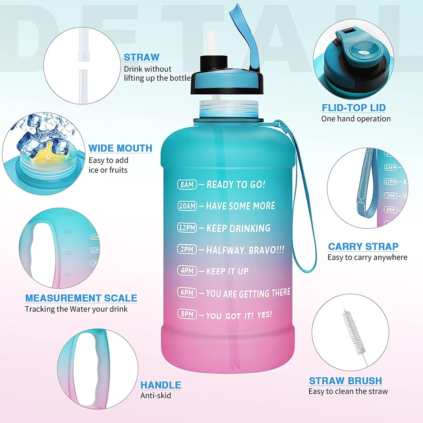 64oz Water Bottle with Straw & Time Marker, Wide Mouth Leakproof BPA Free
