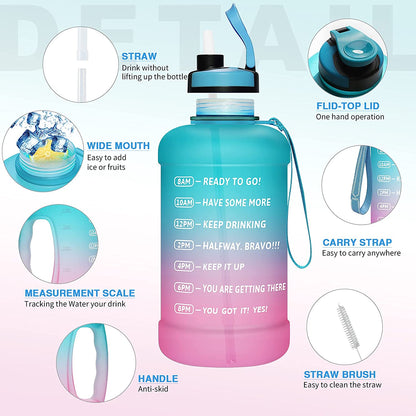 64oz Water Bottle with Straw & Time Marker, Wide Mouth Leakproof BPA Free