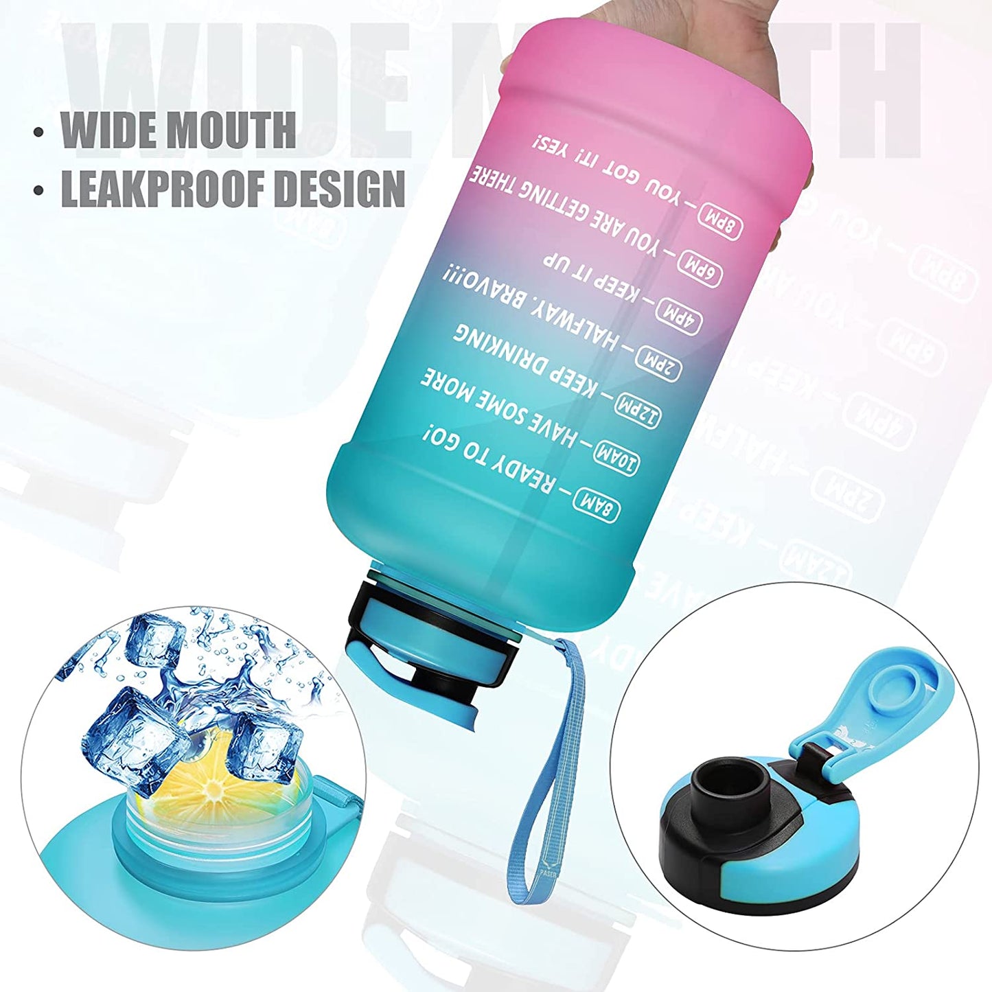 64oz Water Bottle with Straw & Time Marker, Wide Mouth Leakproof BPA Free