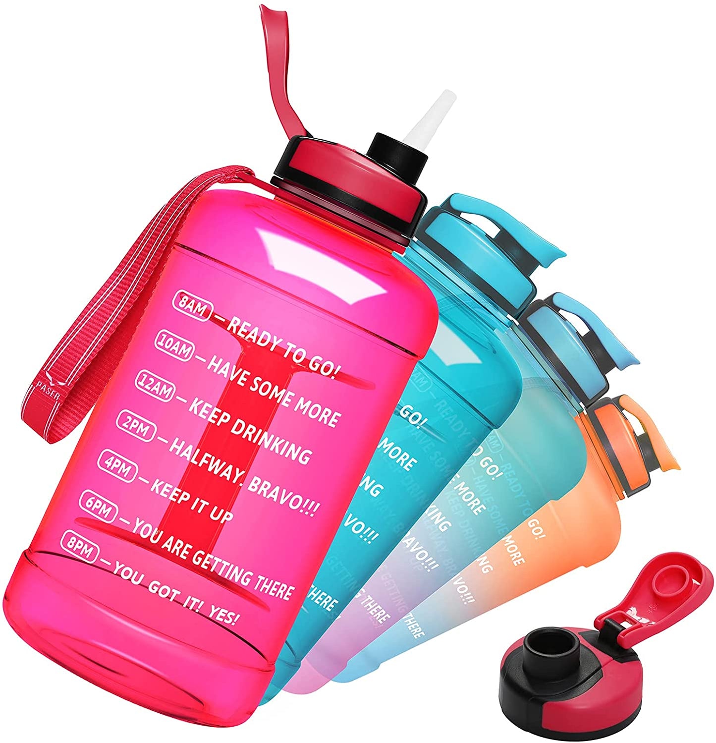 64oz Water Bottle with Straw & Time Marker, Wide Mouth Leakproof BPA Free