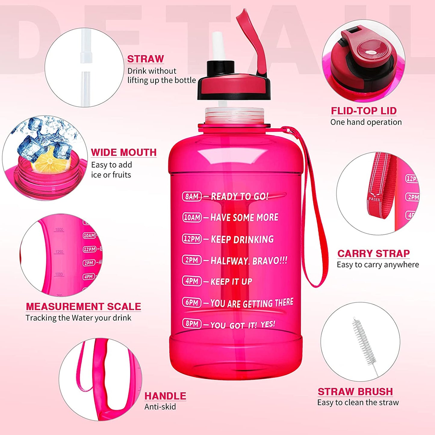 64oz Water Bottle with Straw & Time Marker, Wide Mouth Leakproof BPA Free