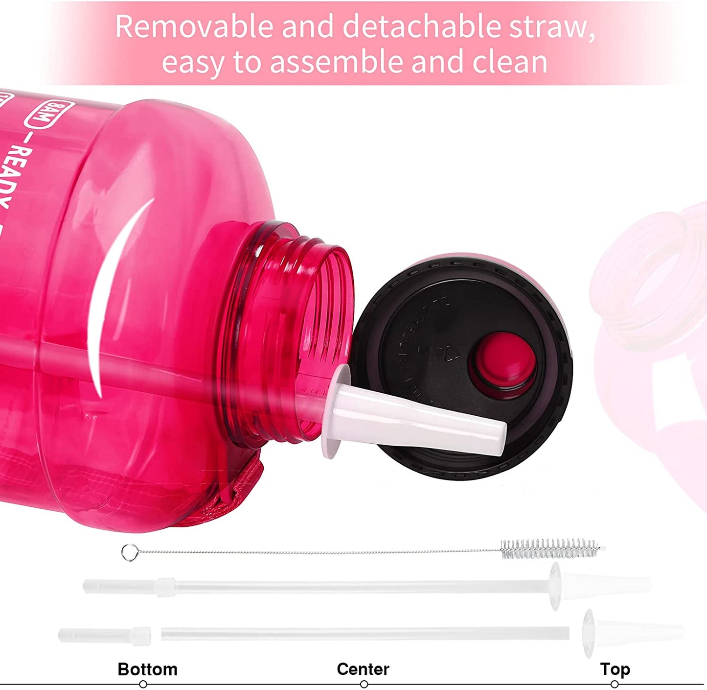 64oz Water Bottle with Straw & Time Marker, Wide Mouth Leakproof BPA Free