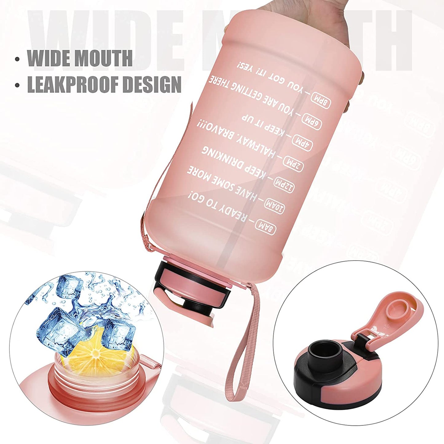 64oz Water Bottle with Straw & Time Marker, Wide Mouth Leakproof BPA Free