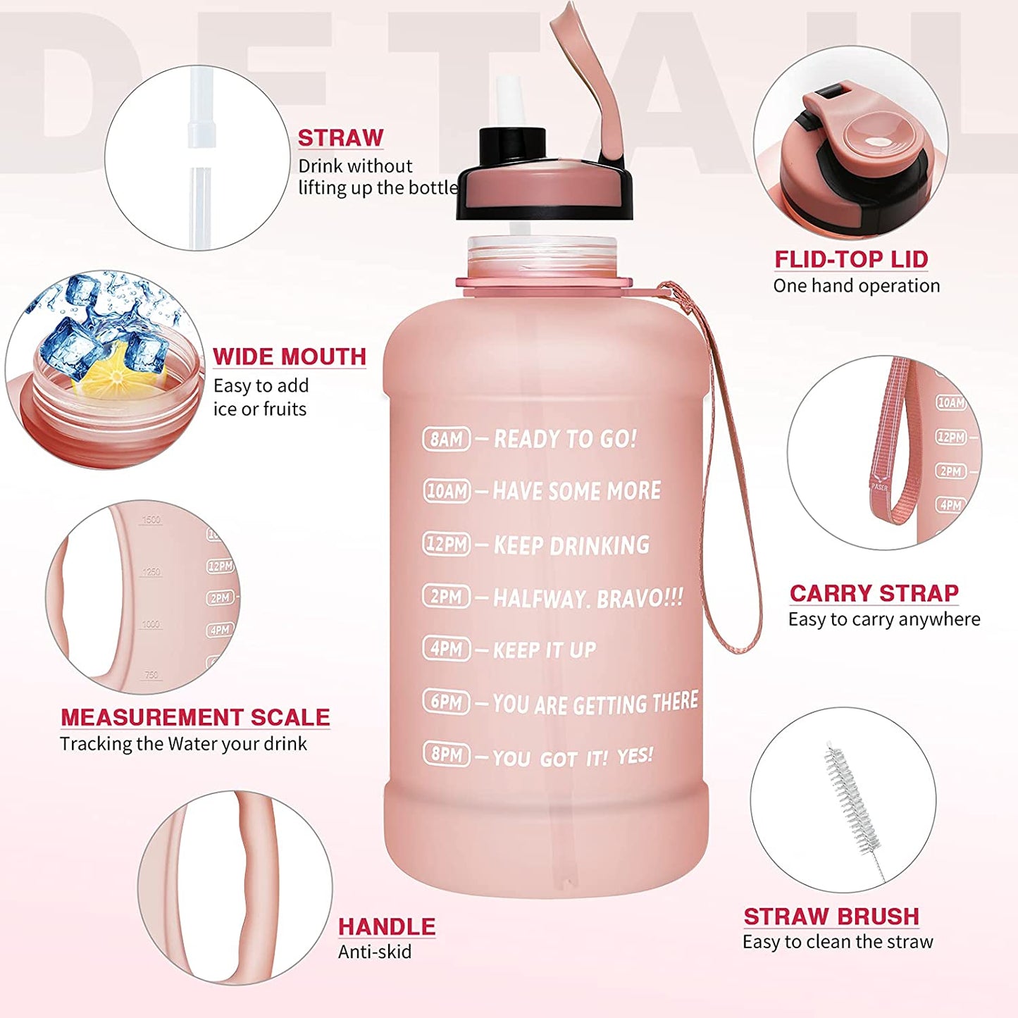 64oz Water Bottle with Straw & Time Marker, Wide Mouth Leakproof BPA Free